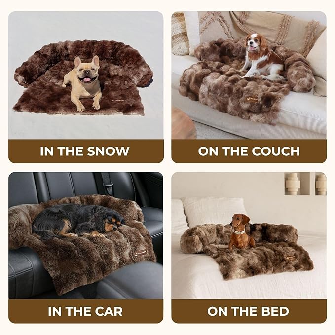 Pelsbarn Dog Bed for Couch, Luxurious Sofa Bed for Dogs with Non-Slip Oxford Bottom - Faux Rabbit Fur with Removable Cover, Small, Brown - 28x28 in