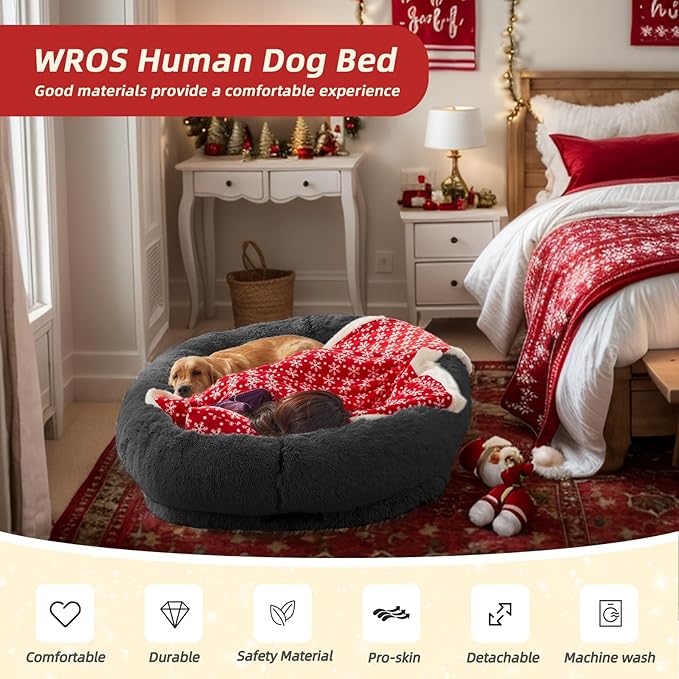 Human & Pet Bed, 71'x45'x12' - Washable Faux Fur Orthopedic Dog Bed, Plump Pillow & Blanket - Dark Grey