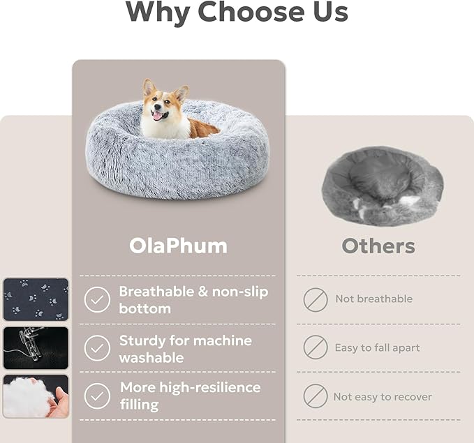 Calming Dog Bed for Small Dogs, 23 inches Puppy Bed Washable, Anti-Anxiety Donut Fluffy Dog Bed Indoor, Comfort Plush Faux Fur (Light Grey, 23")