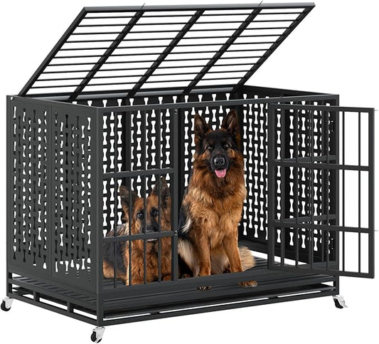 LEMBERI 48/42 inch Indestructible Heavy Duty Dog Crate with Cushion, High Anxiety Extra Large Dog Cage for Large Dogs, XL Steel Escape Proof Dog Kennel with Locking Wheels