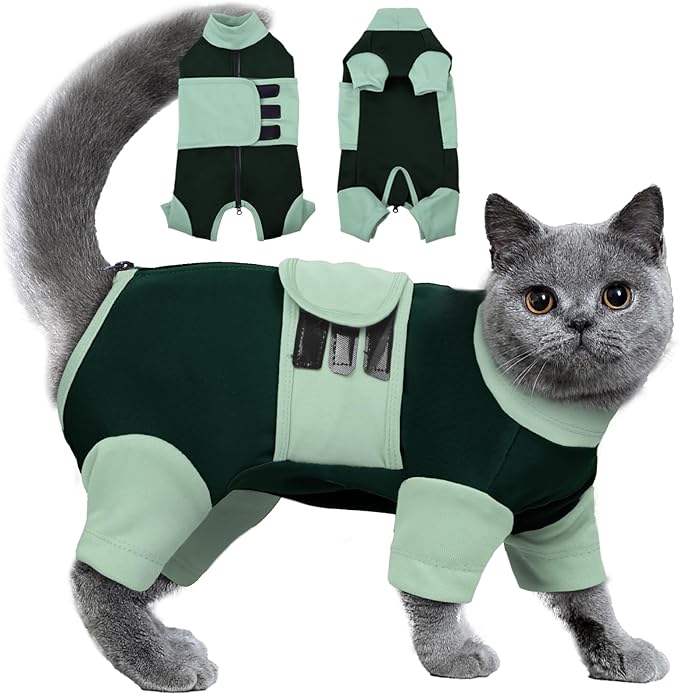 Anxiety Relief Catsuit, Color Blocking Cat Clothes, Adjustable Calming Onesie for Separation, Vet Visit, Thunderstorms, Fireworks, Travelling, Anti-Anxiety Wrap for Cats, Green Large
