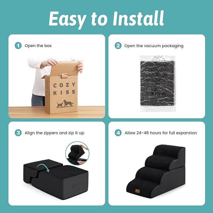 Wide Dog Stairs for Small Dogs 19.7" H, Detached Dog Step for Puppy or Older Cat, Ramp for Bed, Sofa, Couch or Chair, Ladder with High Density Foam, 17.7x28.3x19.7 inch, 4 Step, Black