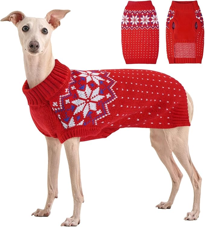 Kuoser Dog Christmas Sweater, Soft Warm Xmas Sweaters for Small Medium Large Dogs Boy Girl, Comfortable Dog Sweater with Leash Hole Snowflake Puppy Knit Outfit for Holiday Winter Fall, Red XL