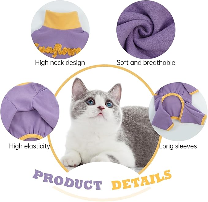 T'CHAQUE Sticky Hair Cat Onesie Pajamas, Soft Long Sleeve Cat Clothes, Anti-Shedding, Surgery Recovery Suit, Wound Protection & Preventing Licking, Kitten Sweaters for Male & Female, Purple-XL