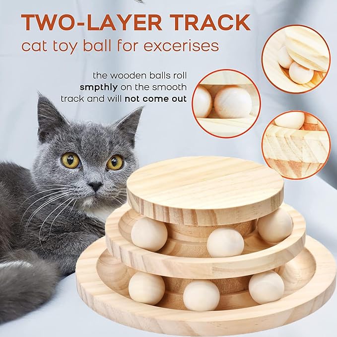 SMICEM Cat Ball Track Toy, Double-Layer Tower cat Toy Roller, Interactive Wooden cat Toy - no Card Ball, Anti Slip, no Assembly Required, Ideal Choice for Physical and Mental Exercise of Kittens