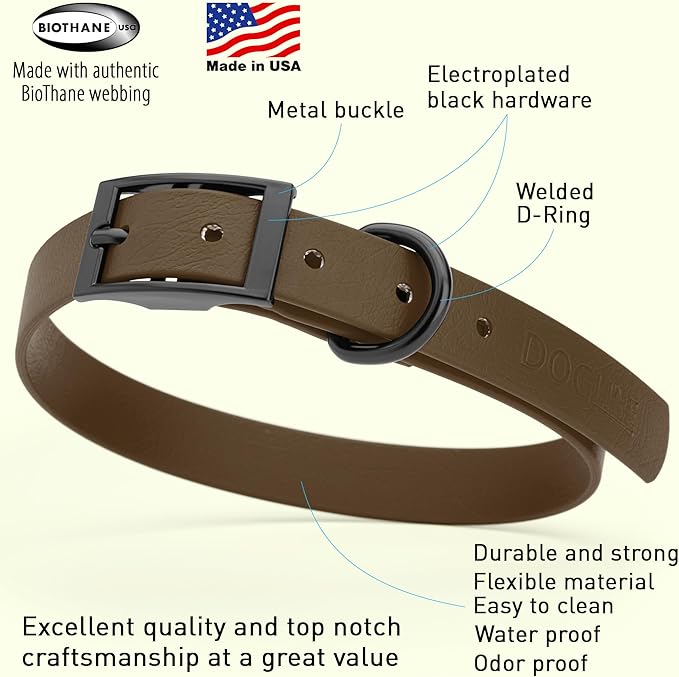 Dogline Biothane Coated Webbing Dog Collar w/Black Metal Hardware: Durable Easy-Clean Everyday Collar for Dogs - Comfortable Adjustable Odor-Resistant for Pets, W3/4" x L15-18, Dark Chocolate Brown