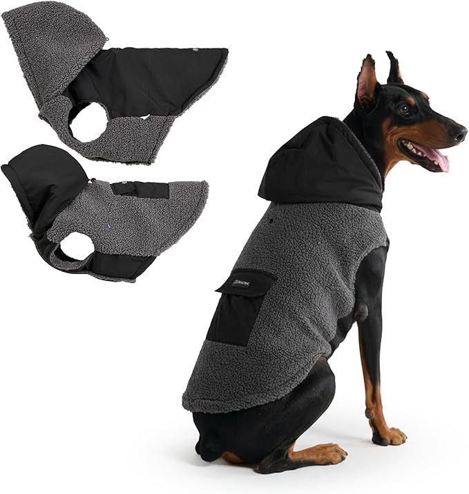 Spark Paws Reversible Fleece Dog Jacket, Hooded Sweater Vest, Warm Coat for Winter - Suitable for Small Medium Large XL XXL Dogs - Black and Grey - 4XL