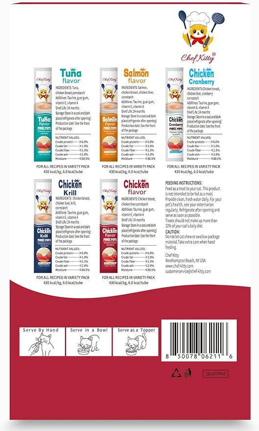 Chef Kitty Purée Pops, Cat Treats, Grain-Free, Lickable, Squeezable Creamy Cat Treat/Topper with Vitamin E & Taurine, 0.5 Ounces Each Tube, 10 Tubes, Chicken Flavor