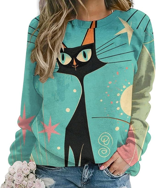 Biacolum Long Sleeve Shirts for Women Mid Century Retro Style Atomic Cat 3D Graphic Sweatshirts Fall Crewneck Pullover Top