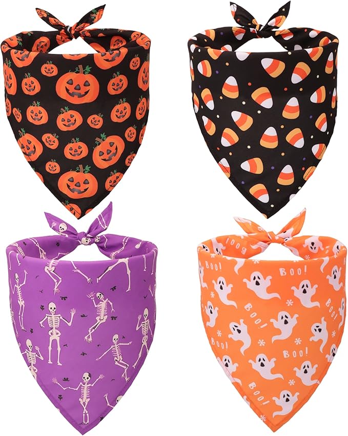 ADOGGYGO 4 Pack Halloween Dog Bandana, Pumpkin Ghost Dog Scarf Bib, Puppy Halloween Bandanas Costume Accessories for Small Dogs (Small)