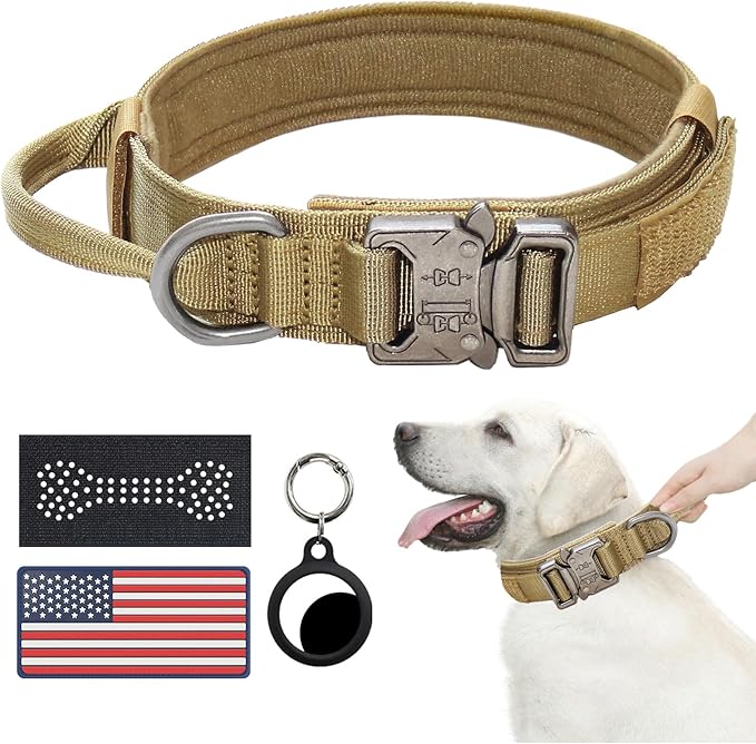 Hotsky Tactical Dog Collar, Adjustable Military Training Nylon Airtag Collar with Handle and Heavy Duty Metal Buckle for Medium Large Dogs, with Airtag Holder and Two Patches （Brown,XL）