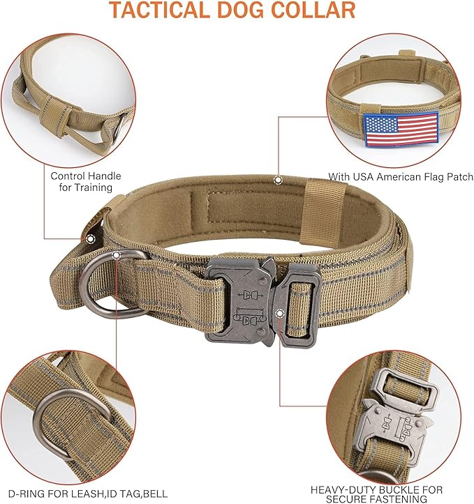 KCUCOP Heavy Duty Tactical Dog Collar and Leash Set, Military Training Nylon Reflective Collar with Handle Metal Buckle for Medium Large Dogs, Brown, L (1 Patch Included)