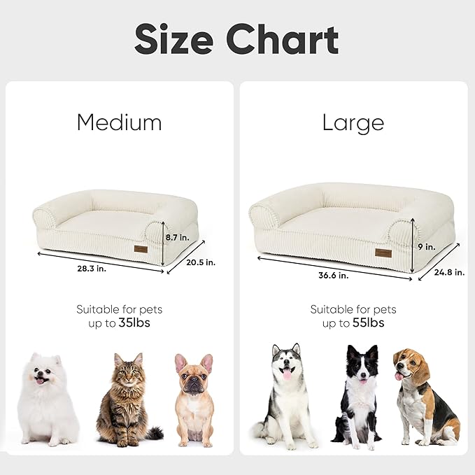 FUKUMARU Cute Dog Bed, Waterproof Corduroy Dogs Couch, 36in Orthopedic Pet Sofa for Medium to Large Dogs Dog, Warm Cotton Pet Bed with Washable Cover, Large, Cream