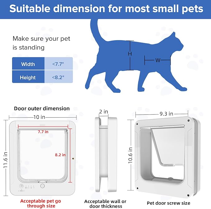 Smart Cat Door for Interior & Exterior, Cat Pet Door with 3 Collar Sensor Keys & 1 Remote Control & 4 Way Locking Cat Flap with RFID Collar Activated Opening Cat Door (White)