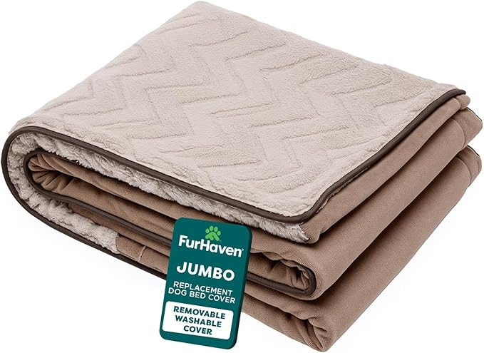 FurHaven Dog Bed Cover Replacement, Sofa-Style Design with Soft, Breathable Fabric for Cozy Comfort, Machine Washable, Jumbo/XL, Plush & Velvet Waves, Brownstone