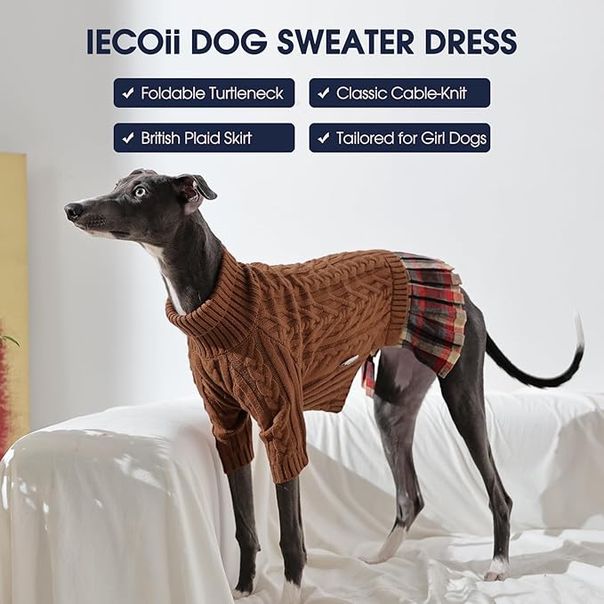 IECOii Girl XXXL Dog Sweater Dress, Girl Dog Sweaters for Extra Large Dogs Turleneck, Caramel,XXXLarge, Thermal Warm Knitwear with Leash Hole, Adorable Cable Knit Sweater for Christmas & Thanksgiving