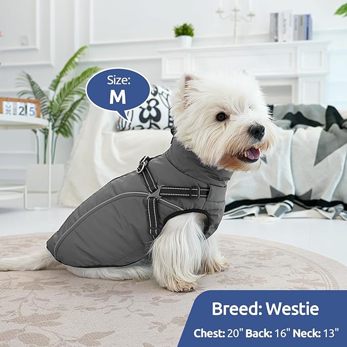 Dog Winter Coat with Harness Built in Warm Puffer Dog Jackets for Small Medium Large Dogs Windproof Waterproof Outfit with Plush Lining and Reflective Stripes (Grey, XS)