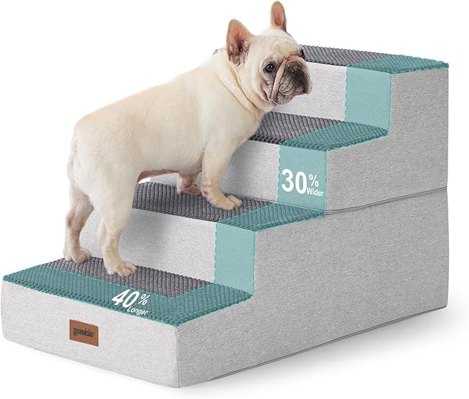 Dog Stairs for Small Dogs - Extra Wide Pet Stairs 2 in 1 with Zippers Suitable for Couch and Bed, 35D Foam Dog Steps with Non Slip Bottom Grey 4 Steps, Grey