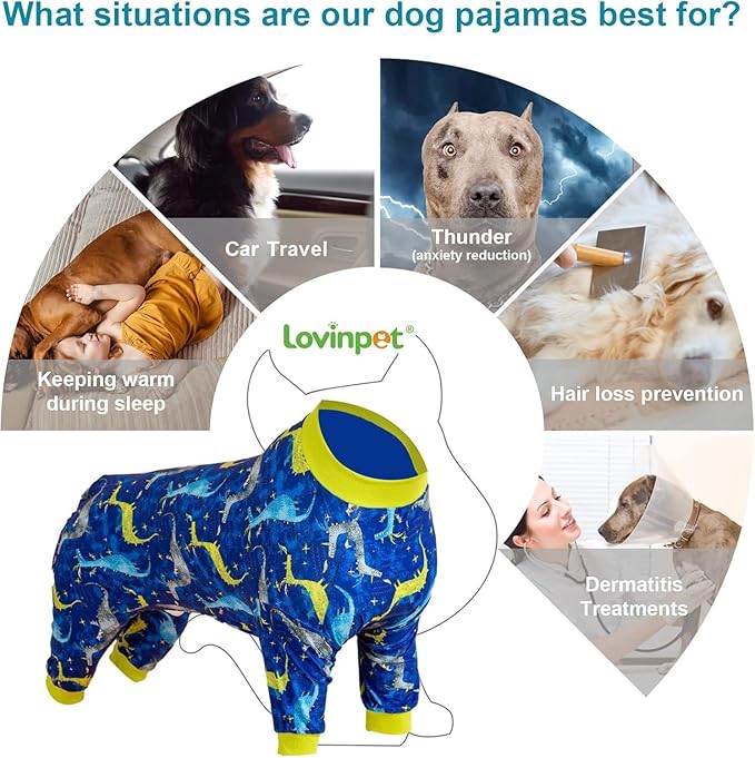LovinPet Large Dog Pj - Pet Anxiety Calming Shirt, Dog Jammies for After Surgery, Lightweight Fabric, Blue Dragon Print, Pitbull Clothes, Long-Sleeved 4 Leg Style Pullover Dog Onesie, Dark Blue 2XL