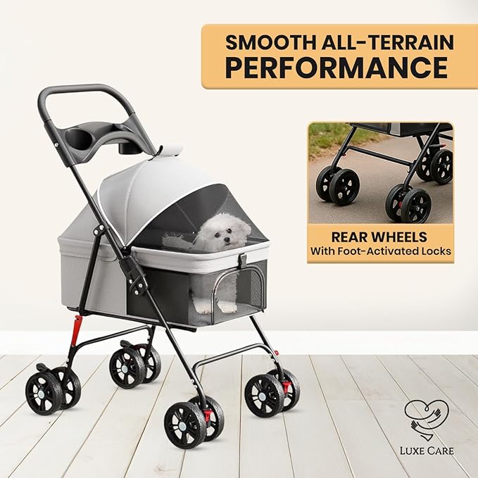 4 Wheel Foldable Pet Stroller - Lightweight Dogs and Cats Stroller Upto 44lbs with Mesh Canopy, Storage Basket and Cup Holder, Durable for Walks and Outings (Small)