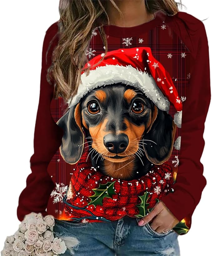 Womens Ugly Christmas Sweatshirt Funny Cat Dog Printed Xmas Pullover Shirts Crewneck Long Sleeve Graphic Hoodies