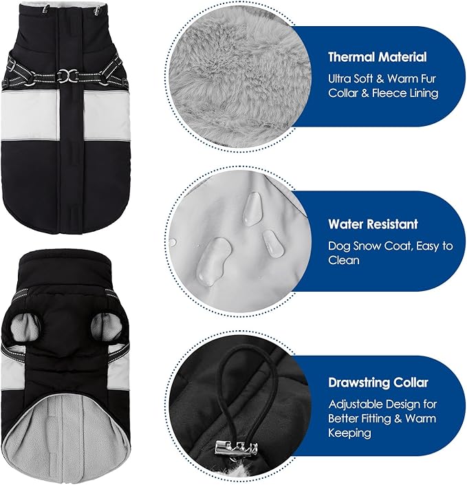 KOESON Dog Coat, Windproof Dog Winter Coat with Harness Built in for Extra Large Dogs, Waterproof Reflective Pet Snow Jacket with Warm Fleece Lining for German Shepherd, Labrador Retriever