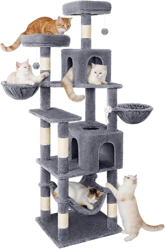 AMHANCIBLE Tall Cat Tree, 70 Inch Cat Tower for Indoor Cats, Multi-Level Cat Tree with Scratching Post, Hammock, Hanging Basket, Large Cat Condos for Adult Cats Kittens, Grey, PT18GY