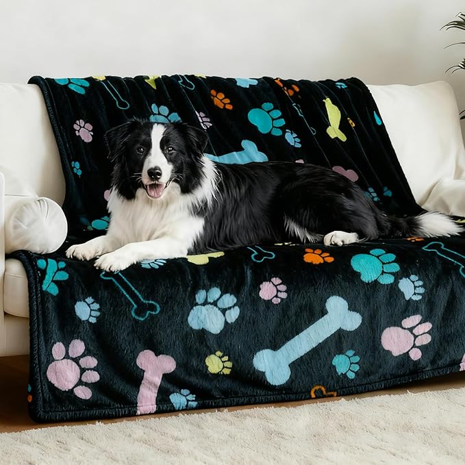 Rezutan Blanket for Large Dogs, Cat Flannel Washable Soft Pet Mat Throw Cover for Kennels-Beds, Sofas, Furniture Protection, Cute Paw Pattern, Black, 60x50 Inch