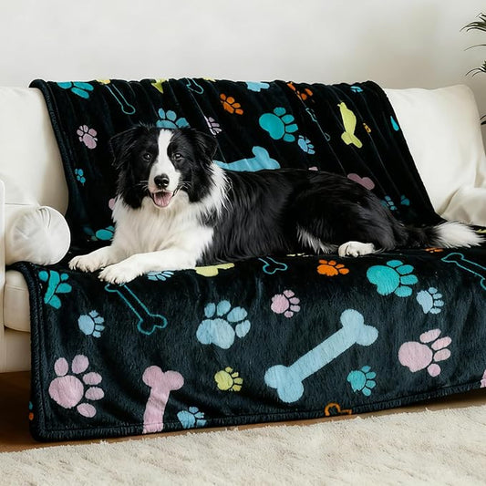 Rezutan Blanket for Large Dogs, Cat Flannel Washable Soft Pet Mat Throw Cover for Kennels-Beds, Sofas, Furniture Protection, Cute Paw Pattern, Black, 60x50 Inch