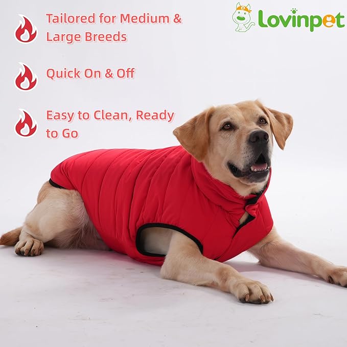 LovinPet Reversible Dog Puffer Coat for Medium & Large Dogs, Down‑Insulated Winter Jacket, Water‑Resistant & Wind‑Resistant, Anti‑Static, Dual-Sided Black & Red for Cold Weather,3XL
