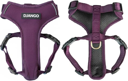DJANGO Adventure Dog Harness - Stylish, and Durable Small Dog Harness for Outdoor Adventures and Everyday Wear - Plum Purple Neoprene Adjustable Harness for Dogs with Reflective Piping, Brass D-Ring