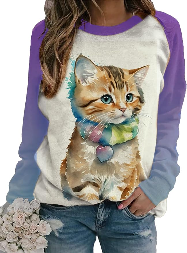 IVERIRMIN Womens 3D Cat Crewneck Sweatshirts Casual Cute Long Sleeve Shirts Pullover Tops Graphic Loose Fit Sweater for Women
