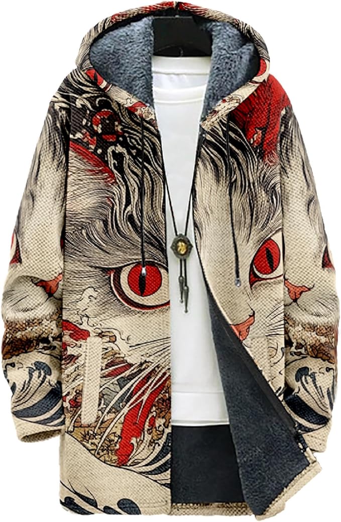 MARSVOVO Cool Hippie Long Cardigan Hoodies for Men Zipper Fleece Lined Knit Coat Skull Animal Print Graphic Jackets
