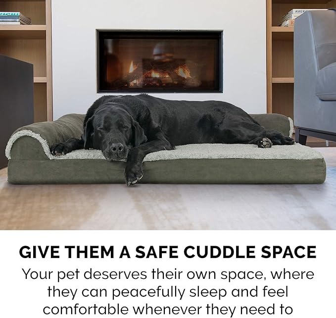 FurHaven Orthopedic Dog Bed for X-Large Dogs, L-Shaped Chaise Contour Mattress with Egg Crate Orthopedic Memory Foam for Joint Support, Removable Washable Cover, Jumbo/XL, Faux Fur & Suede, Dark Sage