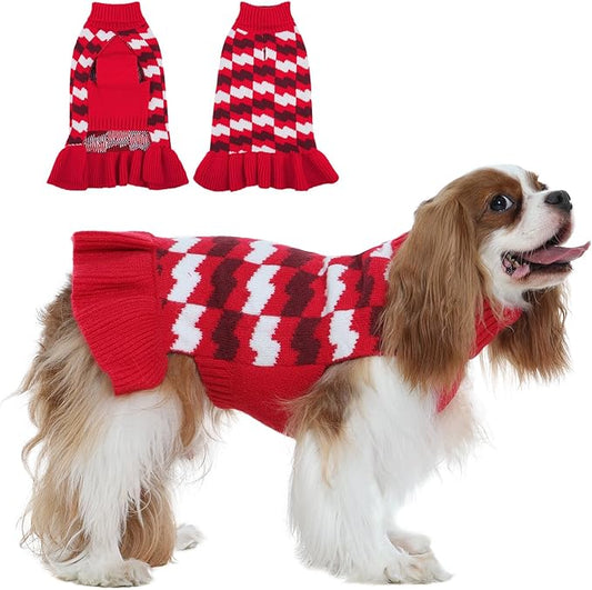 Girl Dog Sweater Dress for Small Medium Dogs,Dog Sweater Dress with Leash Hole, Thick Turtleneck Knitwear for Female Dogs, Cute Warm Fall Winter Pet Knitted Dress for Cold Weather, Christmas-M