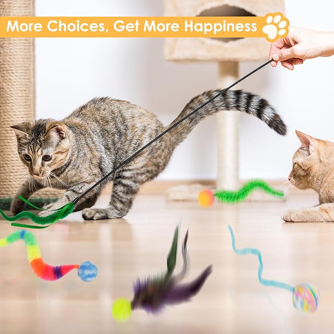 SHENGSEN Feather Wand Cat Toy,Bouncy Ball with Tail Cat Toys,Magic Worm with Large Colorful Ball Toy for Cats,Cat Feather Toys for Indoor Cats,Colorful Fuzzy Worm Bouncy Balls Cat Toy (ADM102-B-5A)