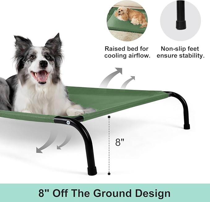 Cooling Elevated Dog Bed with Non-Slip Floor Protectors & Breathable Mesh, Raised Indoor & Outdoor Dog Cot Hammock, 34" L x 22" W x 8" Th, Small, Green