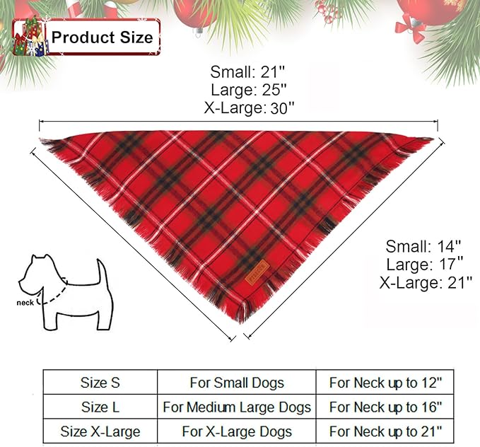PTDECOR Christmas Dog Bandanas with Tassels Edges, Stylish Red Green Plaid Scarf Bib, Multiple Size, Reversible Triangle Christmas Bandanas for Extra Large Dogs (X-Large)