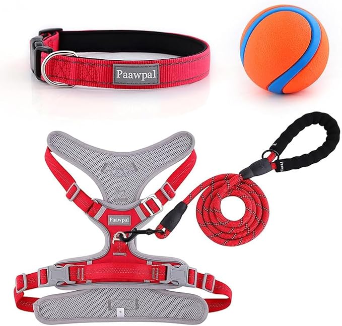 Adjustable Dog Harness - No Pull, Reflective, Soft Padded for Small, Medium, Large Dogs - Includes Leash and Collar Red L