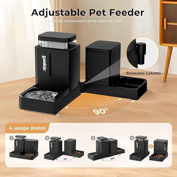 Gravity Cat Feeder and Water Dispenser Set, 2 in 1 Automatic Cat Feeder with 180 Degree Rotatable, Pet Self Feeding Large Capacity for Small Medium Dog Puppy Kitten, Black, 0.8 Gallon x 2