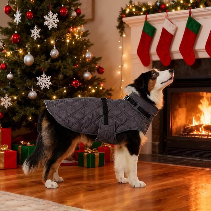 Kuoser Dog Coat Warm Fleece Lining Turtleneck Dog Jacket with Harness Built-in, Windproof Cold Weather Coats with Quick Release Buckle Pet Winter Snowsuit for Extra Large Dogs Great Dane, Grey 3XL
