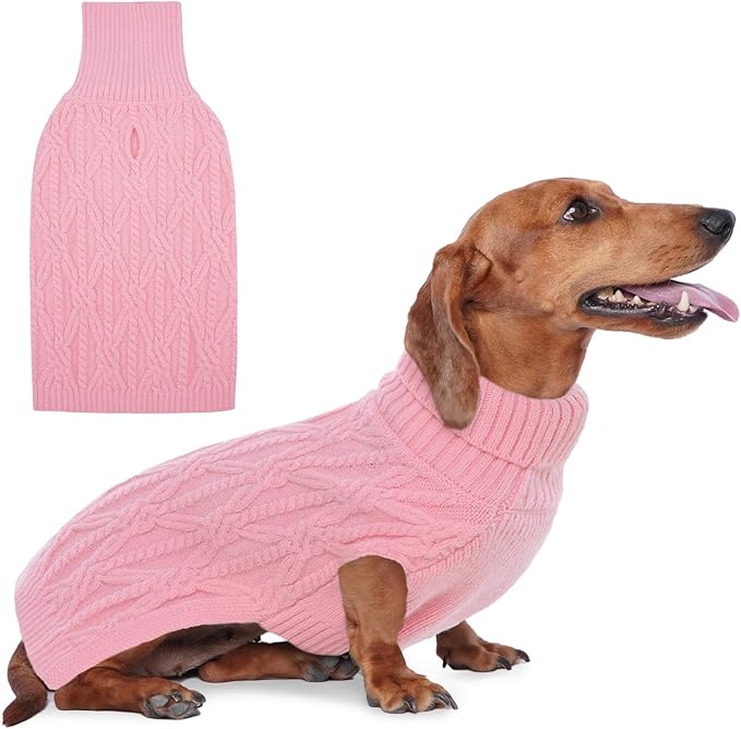 FUAMEY Dog Sweaters for Large Dogs,Cold Weather Dog Knitwear,Thick Warm Dogs Turtleneck,Pet Pullover Cable Sweater,Pets Winter Clothes for French Bulldog,Boston Terrier, Corgi Pink L