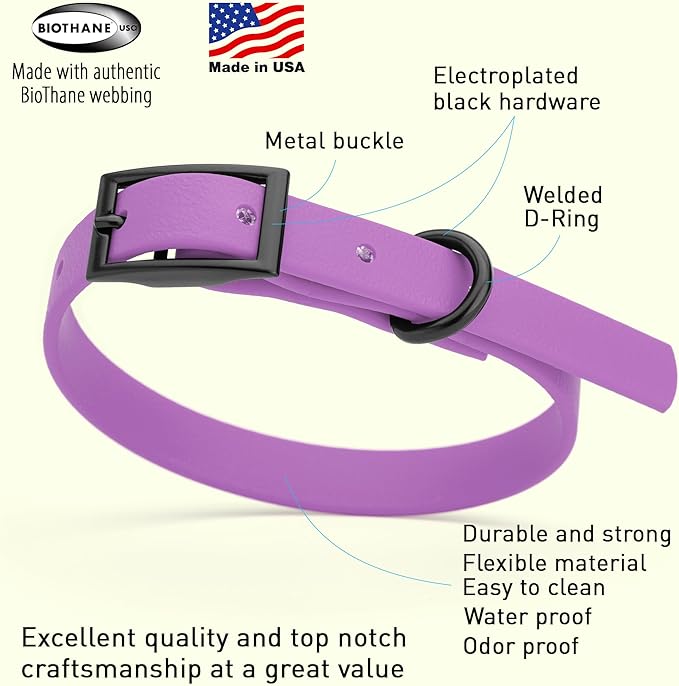 Dogline Biothane Coated Webbing Dog Collar with Black Metal Hardware: Durable Easy-Clean Everyday Collar for Dogs - Comfortable Adjustable Odor-Resistant Pet Collar, W1/2" x L9-12, Amethyst Purple