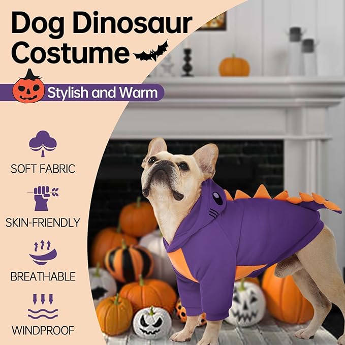 QBLEEV Dog Dinosaur Winter Coat, Warm Soft Knit Pullover Jacket with Hood for Cold Weather, Cozy Fleece-Lined Sweatshirt with 3D Dino Spikes, Stretchy Cute Pet Outerwear for Small Medium Large Dogs