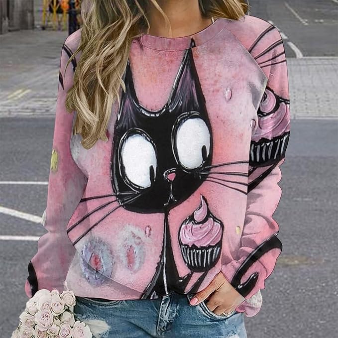 Biacolum Long Sleeve Shirts for Women Mid Century Retro Style Atomic Cat 3D Graphic Sweatshirts Fall Crewneck Pullover Top