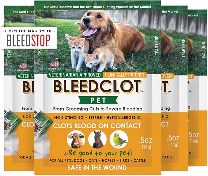 BleedStop™ First Aid Powder for Blood Clotting (4x15g, Pouches) and BleedClot Pet First Aid Powder (4x0.5oz, Pouches)