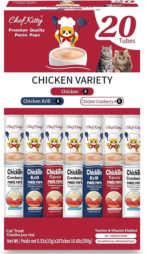 Chef Kitty Purée Pops, Cat Treats, Grain-Free, Lickable, Squeezable Creamy Cat Treat/Topper with Vitamin E & Taurine, 0.5 Ounces Each Tube, 20 Tubes, Chicken Mix Variety
