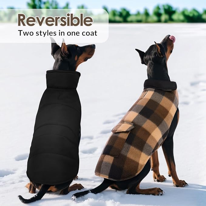ASENKU Dog Winter Jacket Plaid Reversible Vest, Waterproof Dog Coat for Cold Weather, Perfect for Small to Large Dogs (Coffee, M)