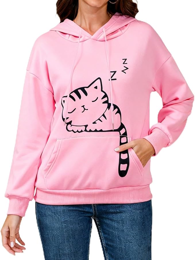 Women Girl Hoodies Cute Cat Ear Novelty Printed Pullover Sweatshirt