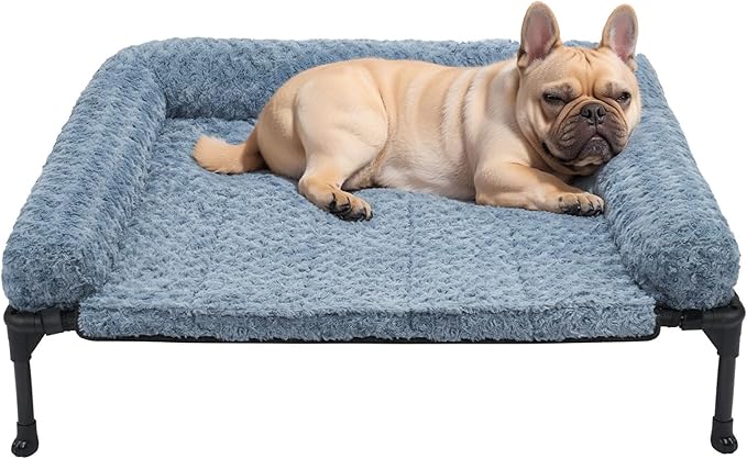 Veehoo Cooling Elevated Dog Bed Add Removable Deluxe Rose Plush Bolster Cushion Mat, 35" x 22" Washable Dog Couch Bed, Raised Pet Cot with Breathable Teslin Mesh, No-Slip Feet, Haze Blue, CWC2439B
